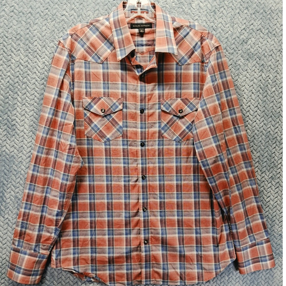 Banana Republic Mens Western Plaid Shirt Modern Red Snap Pocket Medium 434636-01